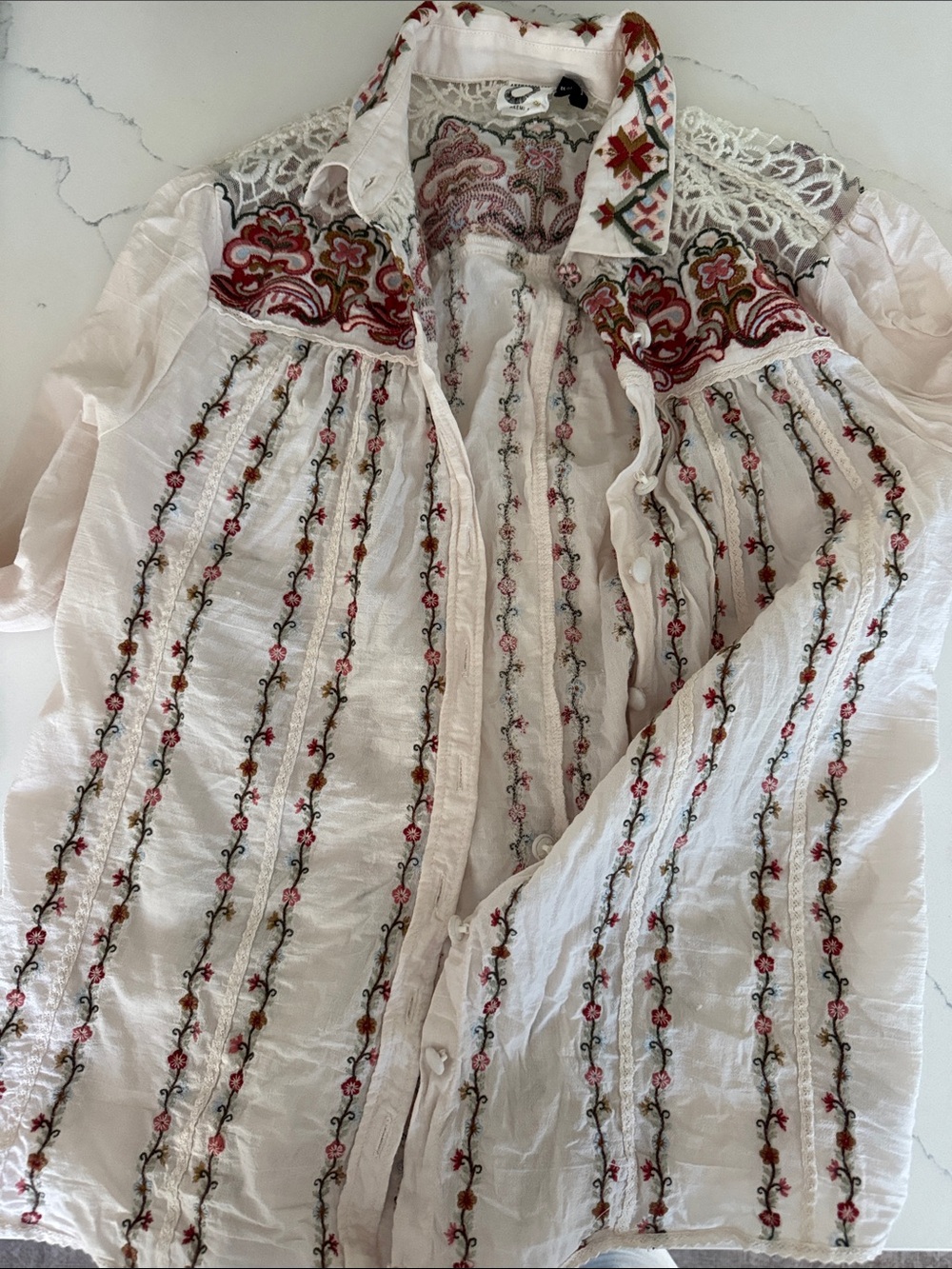 Anthropologie Ivory Button-Down Blouse with Red & Pink Embroidery